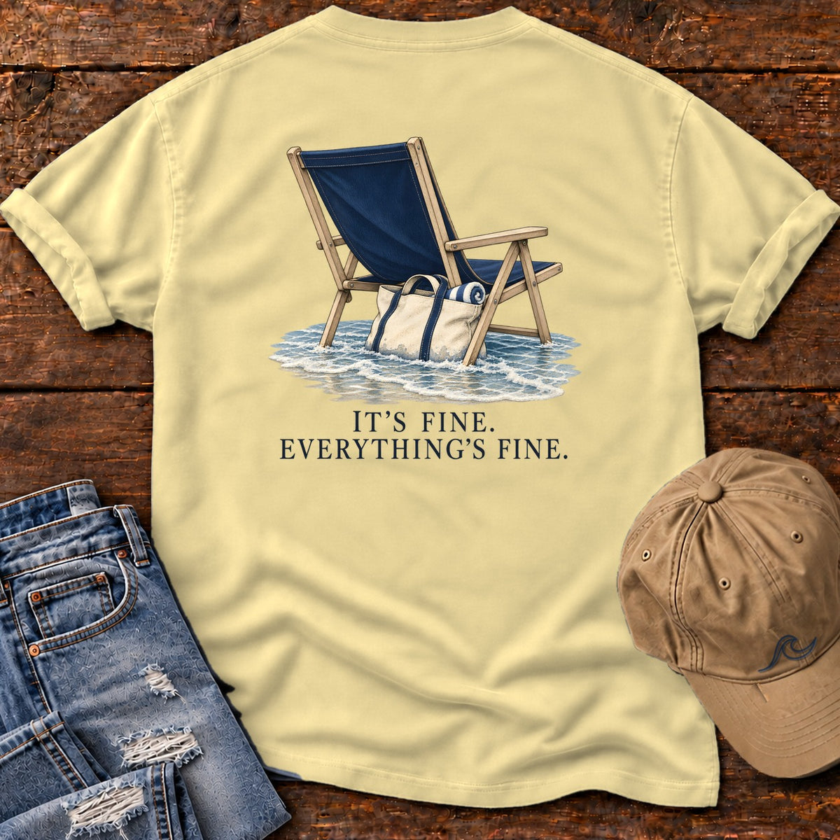 Everything's Fine Beach Chair Back Design T-Shirt in Butter, Salty Paws Comfort Colors T-Shirt, back design flat lay