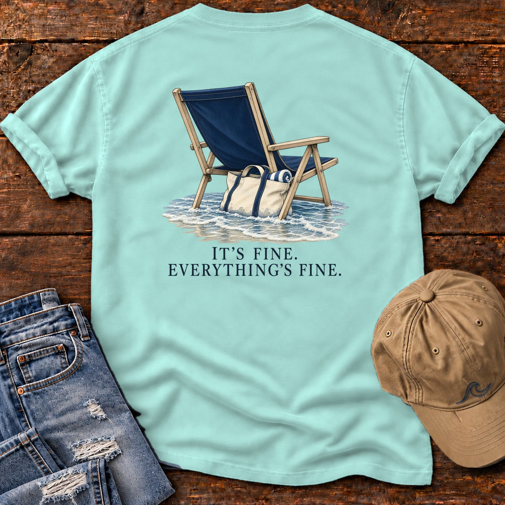 Everything's Fine Beach Chair Back Design T-Shirt in Chalky Mint, Salty Paws Comfort Colors T-Shirt, back design flat lay