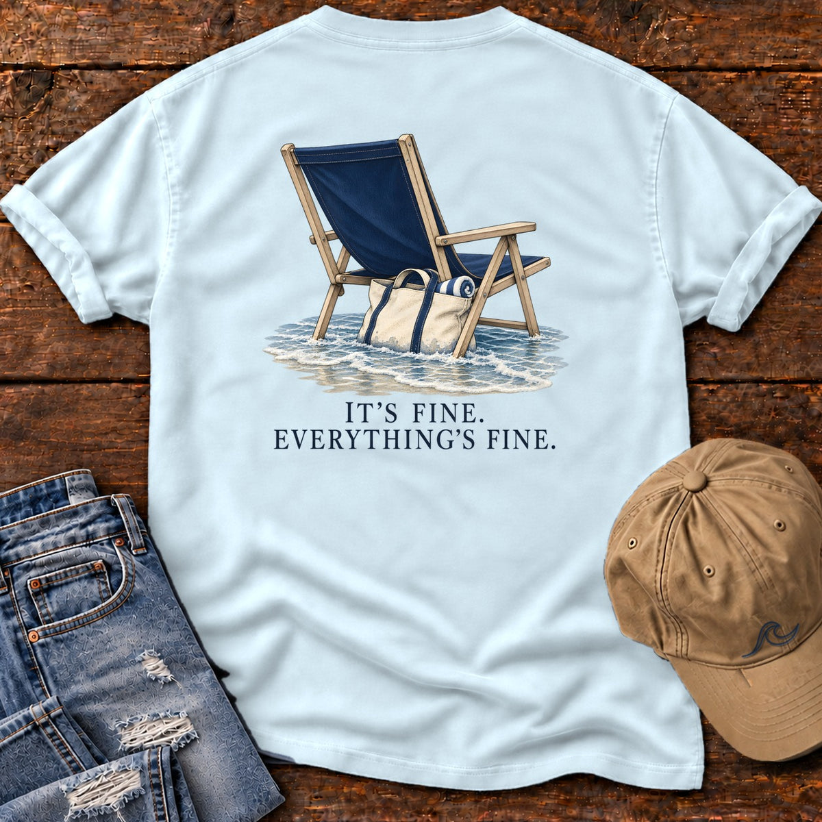 Everything's Fine Beach Chair Back Design T-Shirt in Chambray, Salty Paws Comfort Colors T-Shirt, back design flat lay