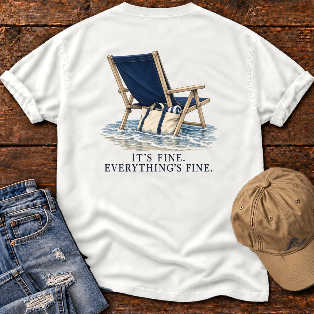 Everything's Fine Beach Chair Back Design T-Shirt in White, Salty Paws Comfort Colors T-Shirt, back design flat lay
