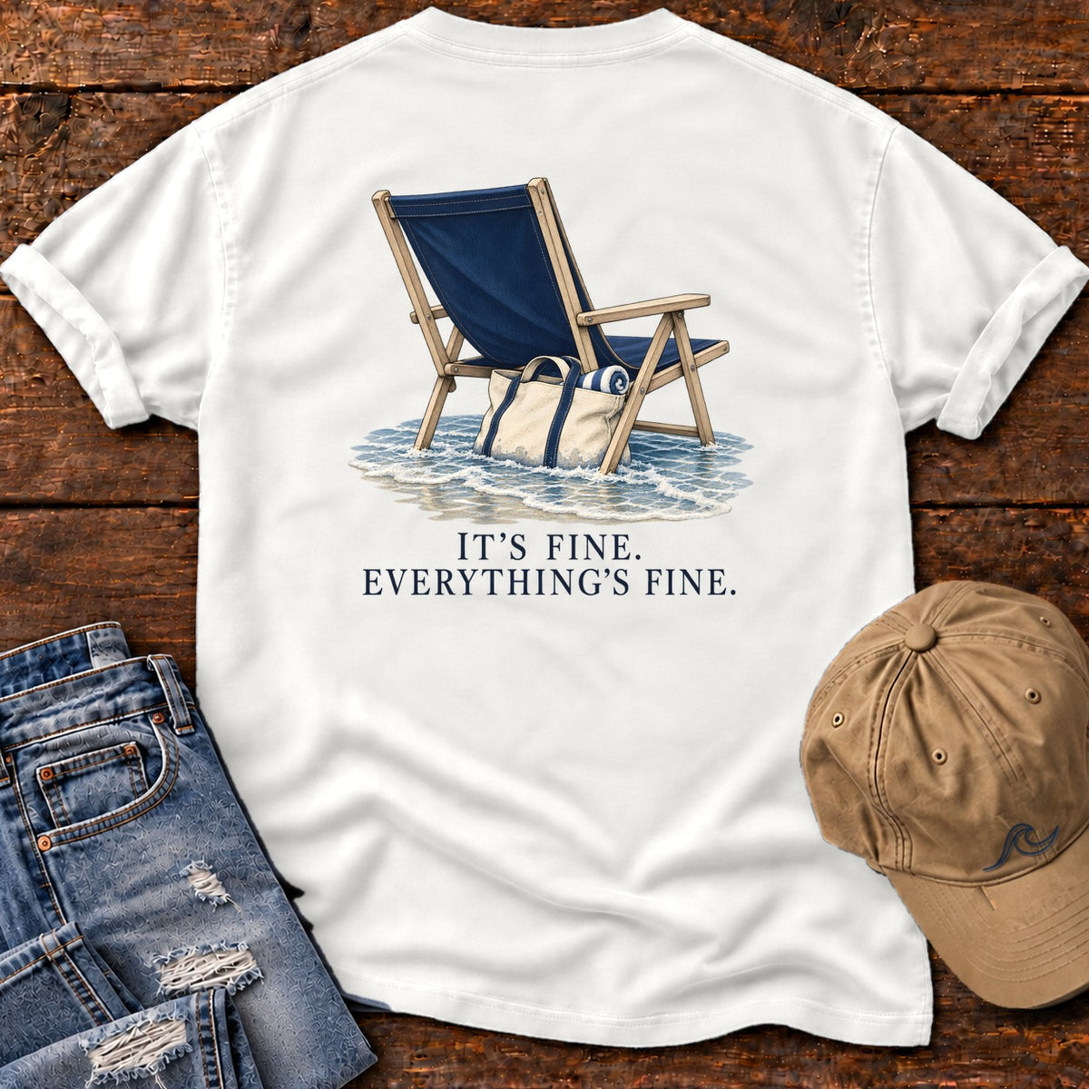 Everything's Fine Beach Chair Back Design T-Shirt in White, Salty Paws Comfort Colors T-Shirt, back design flat lay