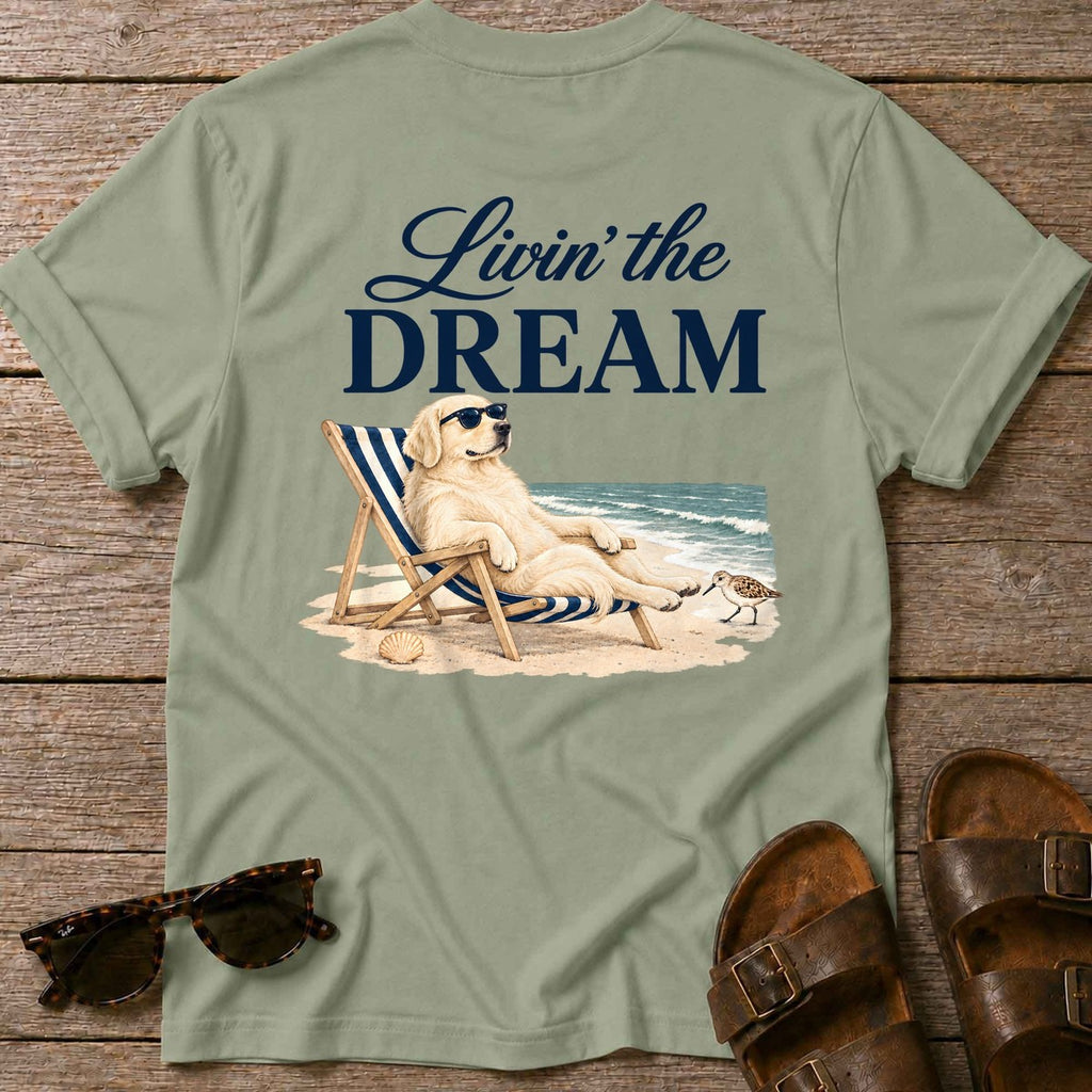 Livin' the Dream Cream Retriever Back Design T-Shirt in Sage, Salty Paws coastal t-shirt