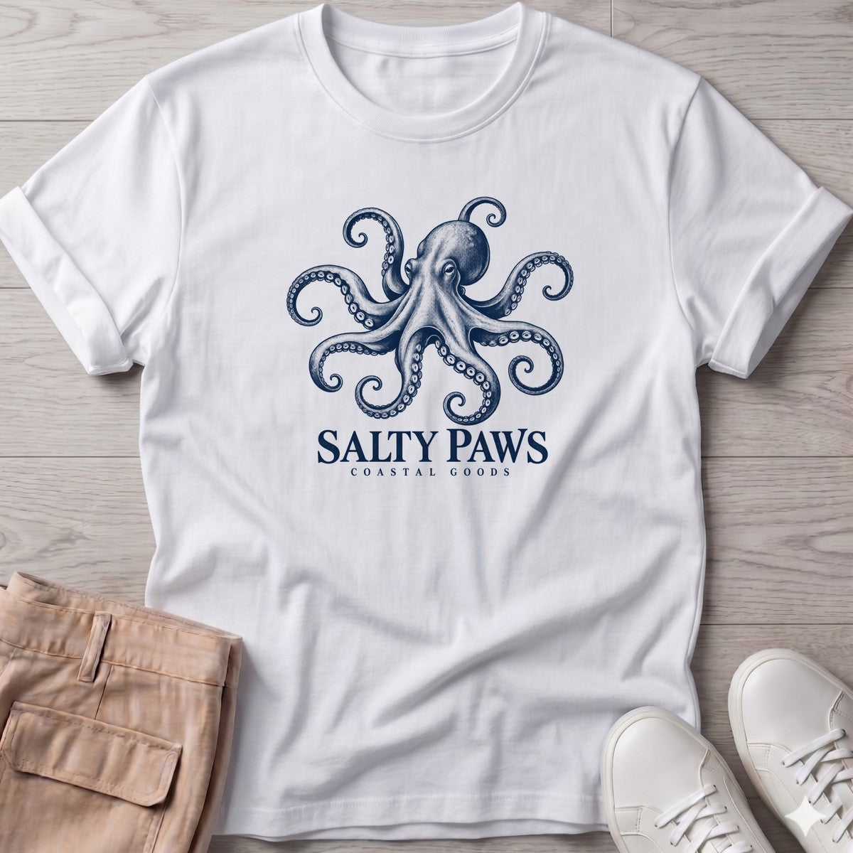 Octopus Coastal Goods T-Shirt in White, Salty Paws T-Shirt, front design flat lay