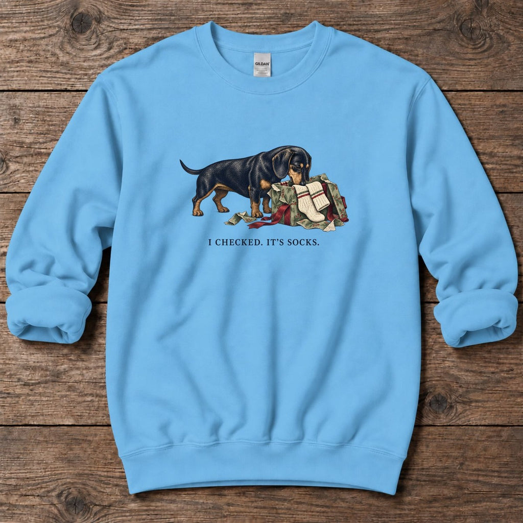 I Checked It's Socks Dachshund Midweight Sweatshirt in Sky, Salty Paws Midweight Sweatshirt, front design flat lay