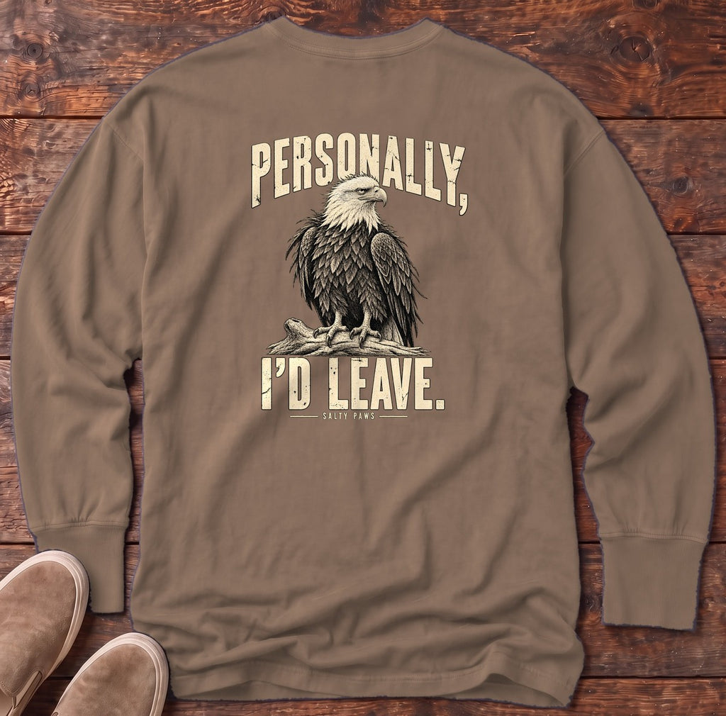 Personally I'd Leave Eagle Back Design Long Sleeve Tee in Espresso, Salty Paws Comfort Colors Long Sleeve Tee, back design flat lay
