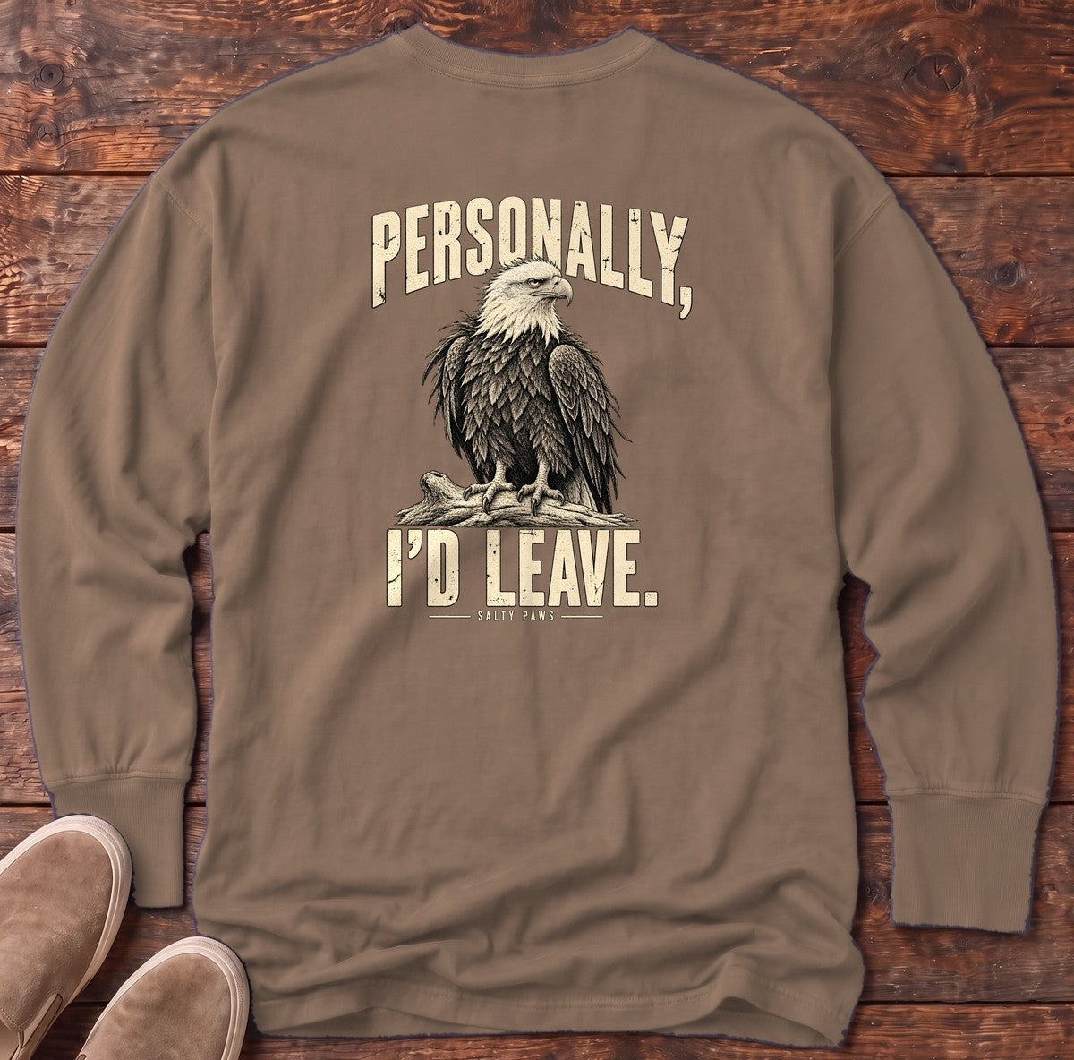 Personally I'd Leave Eagle Back Design Long Sleeve Tee in Espresso, Salty Paws Comfort Colors Long Sleeve Tee, back design flat lay