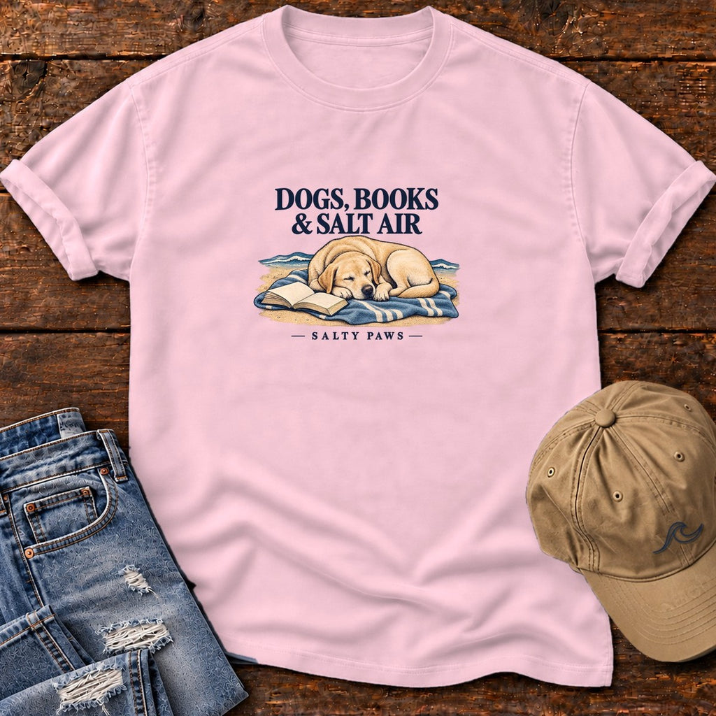 Dogs, Books & Salt Air Yellow Lab T-Shirt in Blossom, Salty Paws Comfort Colors T-Shirt, front design flat lay