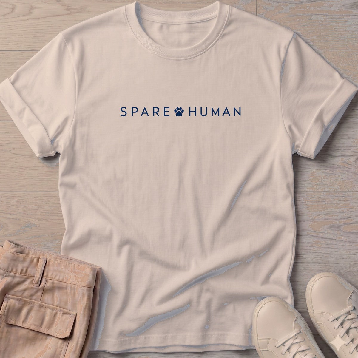 Spare Human T-Shirt in Sand, Salty Paws T-Shirt, front design flat lay