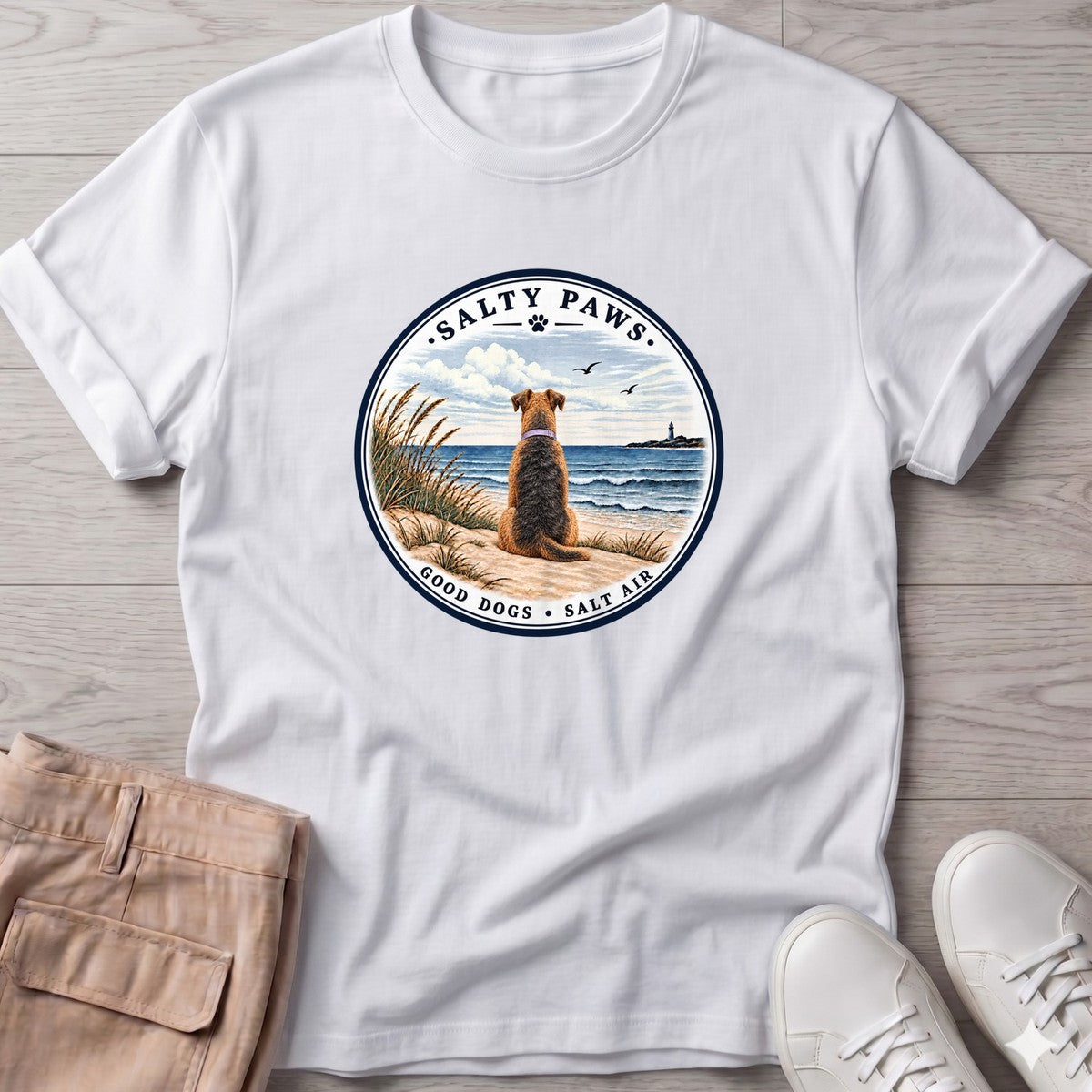 Good Dogs Salt Air Airedale T-Shirt in White, Salty Paws T-Shirt, front design flat lay