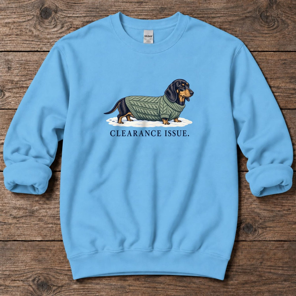 Clearance Issue Dachshund Midweight Sweatshirt in Sky, Salty Paws Midweight Sweatshirt, front design flat lay