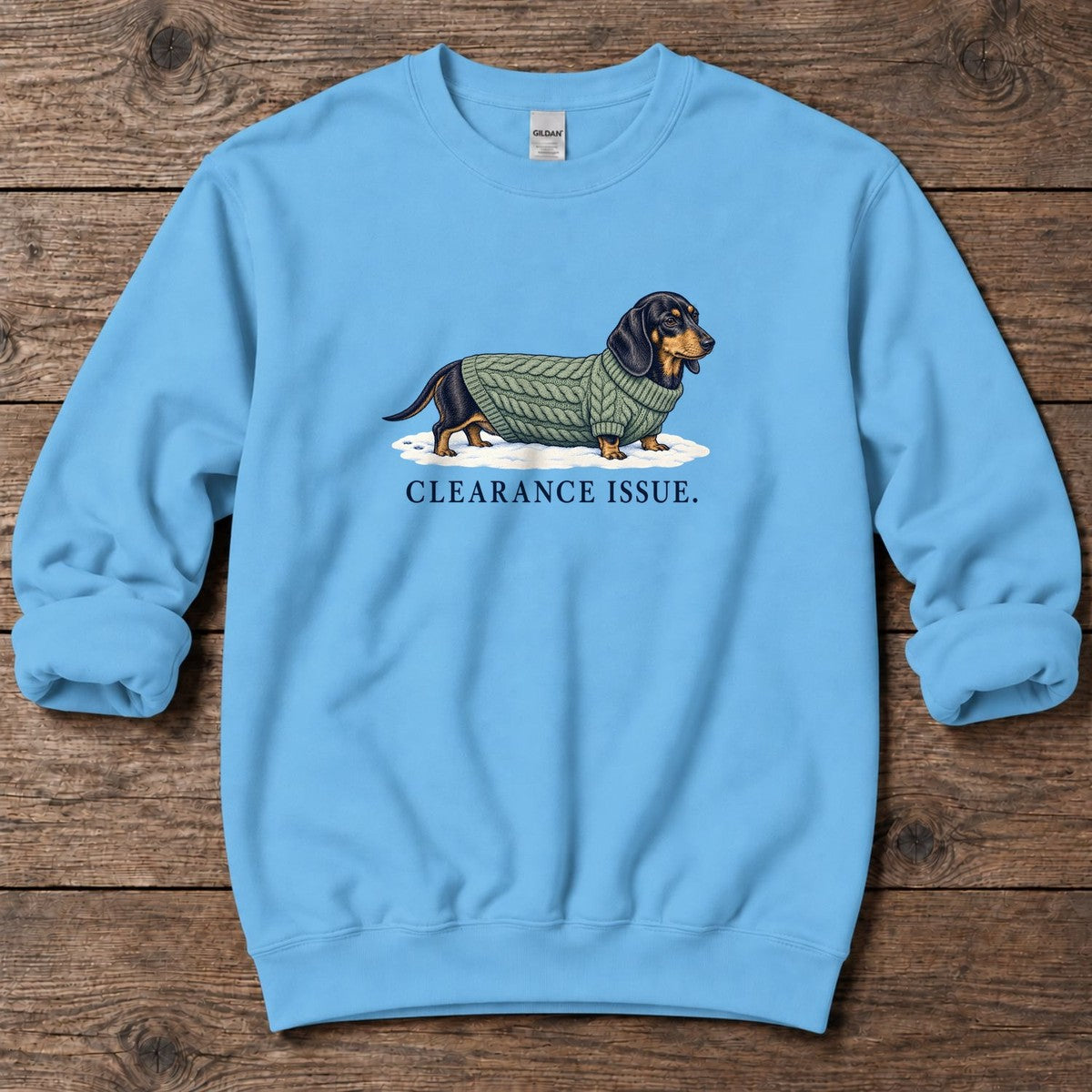 Clearance Issue Dachshund Midweight Sweatshirt in Sky, Salty Paws Midweight Sweatshirt, front design flat lay