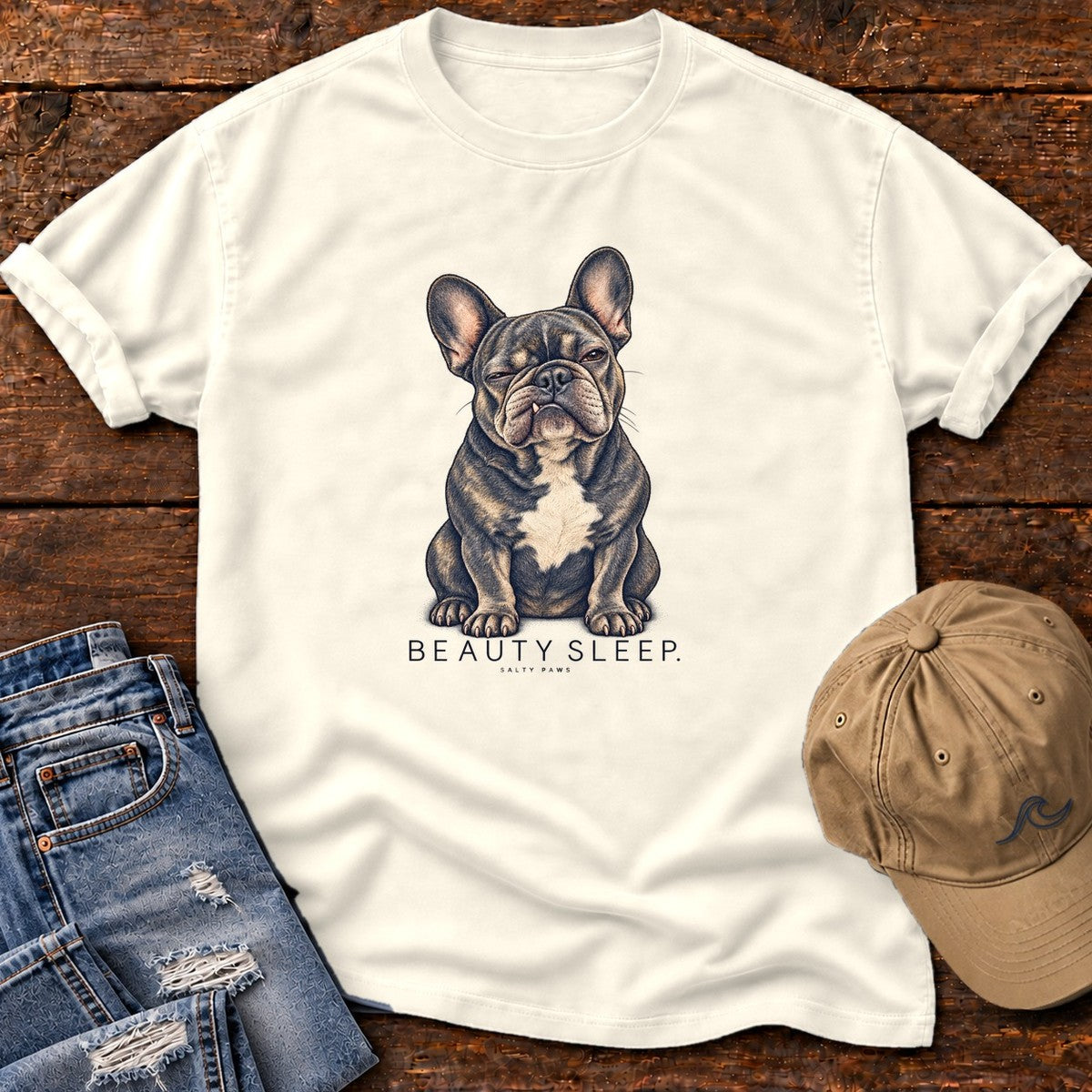 Beauty Sleep French Bulldog T-Shirt in Ivory, Salty Paws Comfort Colors T-Shirt, front design flat lay