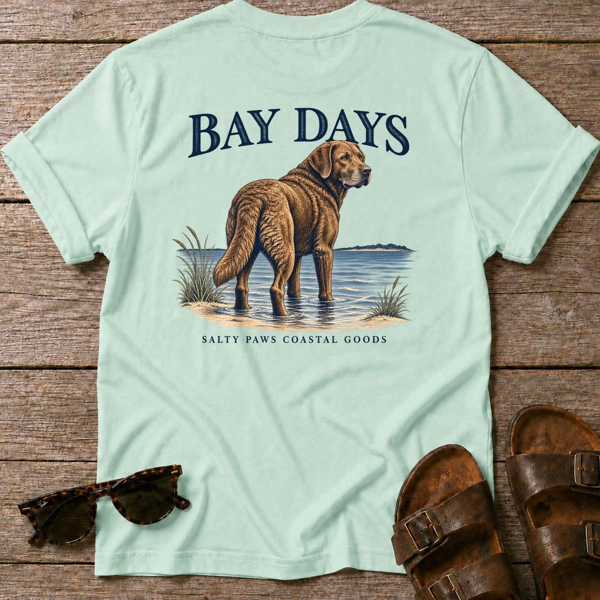 Bay Days Chesapeake Bay Retriever Back Design T-Shirt in Mint Green, Salty Paws coastal t-shirt