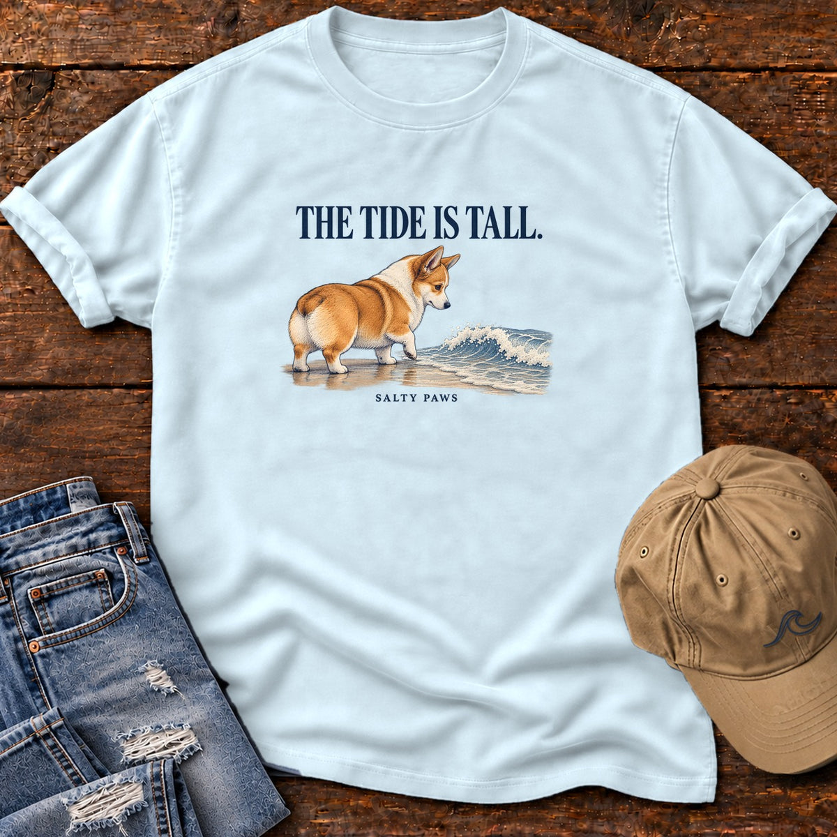 The Tide Is Tall Corgi T-Shirt in Chambray, Salty Paws Comfort Colors T-Shirt, front design flat lay