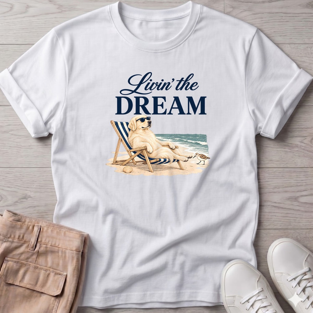 Livin' the Dream Cream Retriever T-Shirt in White, Salty Paws coastal t-shirt