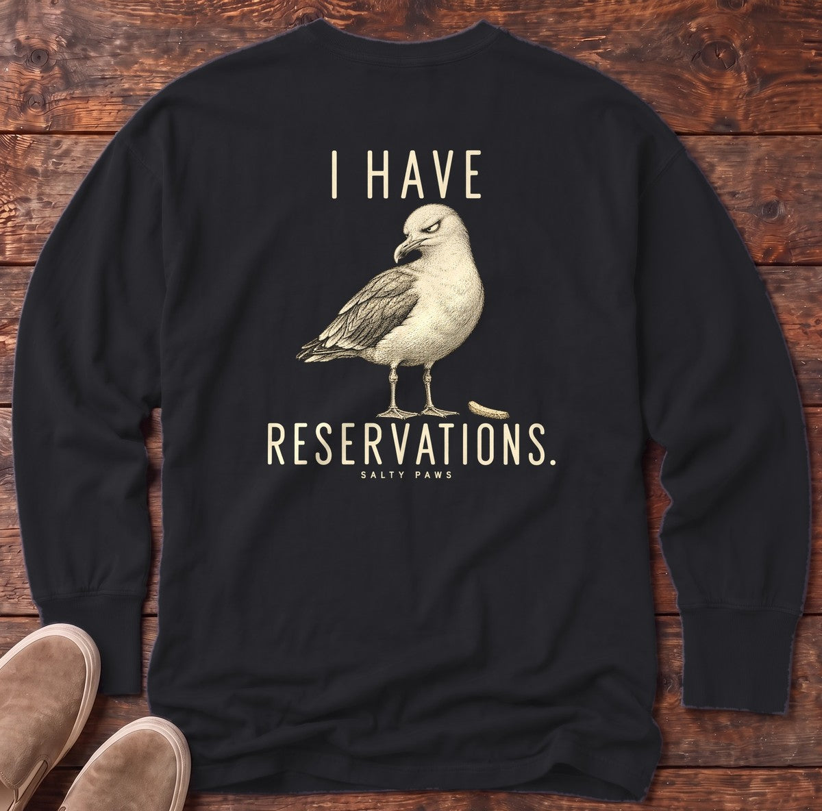 I Have Reservations Gull Back Design Long Sleeve Tee in Black, Salty Paws Comfort Colors Long Sleeve Tee, back design flat lay