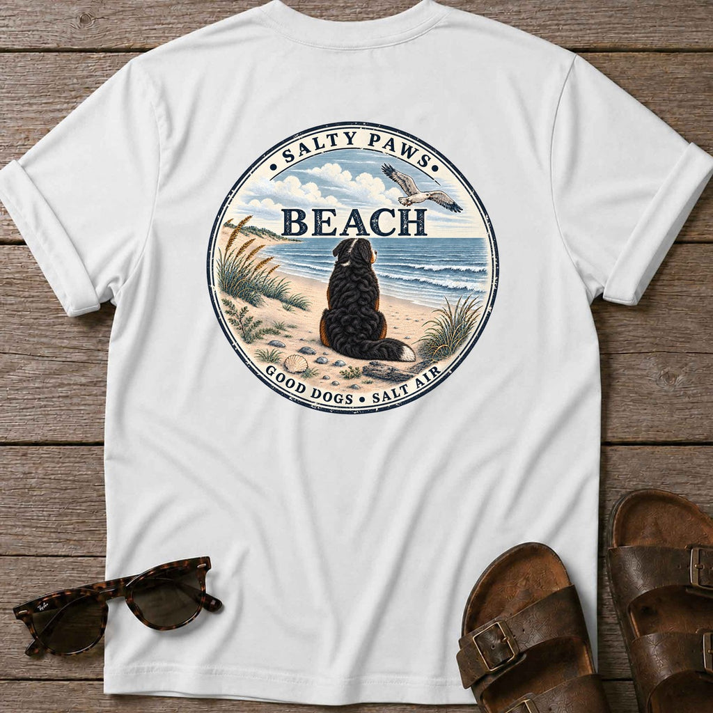 Salty Paws Beach Bernese Back Design T-Shirt in White, Salty Paws T-Shirt, back design flat lay