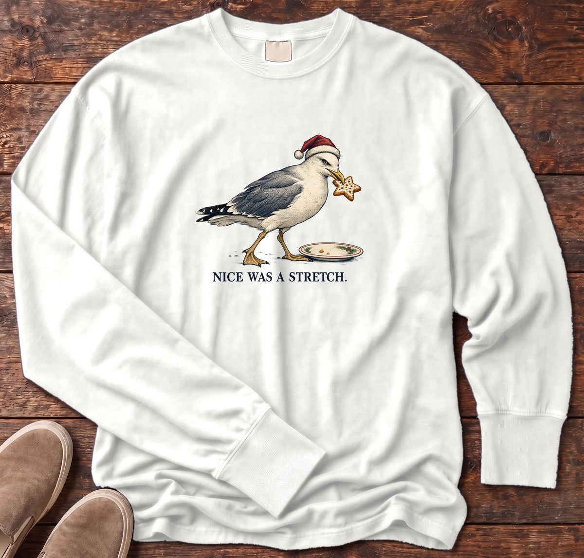 Nice Was a Stretch Seagull Long Sleeve Tee in White, Salty Paws Comfort Colors Long Sleeve Tee, front design flat lay