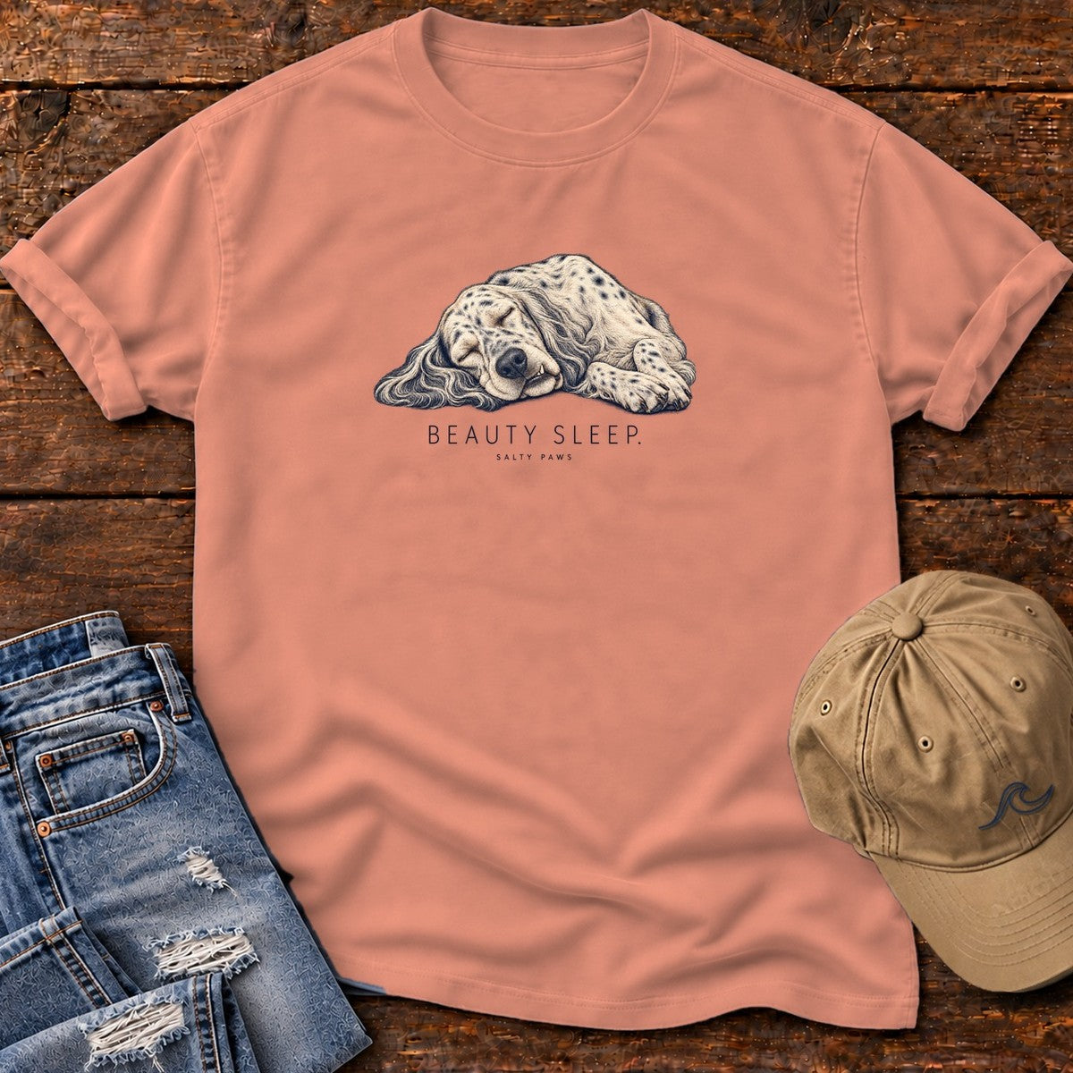 Beauty Sleep English Setter T-Shirt in Terracotta, Salty Paws Comfort Colors T-Shirt, front design flat lay