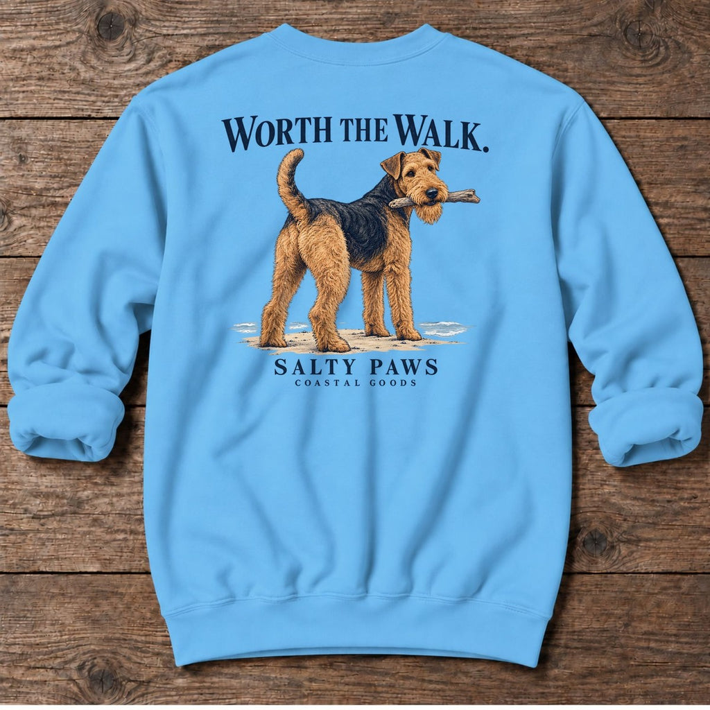 Worth the Walk Airedale Back Design Midweight Sweatshirt in Sky, Salty Paws Midweight Sweatshirt, back design flat lay