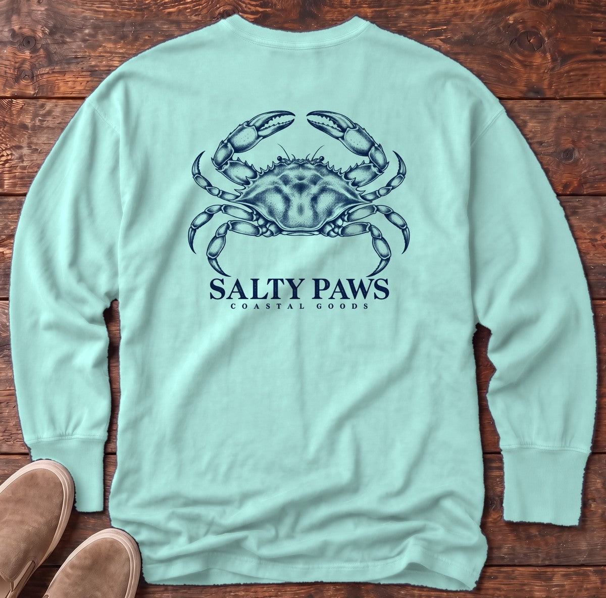 Blue Crab Coastal Goods Back Design Long Sleeve Tee in Chalky Mint, Salty Paws Comfort Colors Long Sleeve Tee, back design flat lay