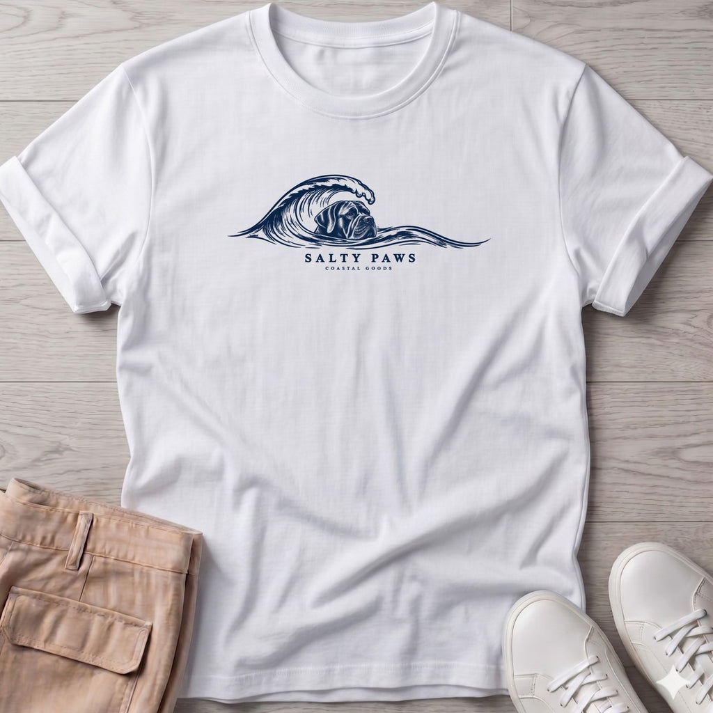 Cane Corso Wave T-Shirt in White, Salty Paws T-Shirt, front design flat lay