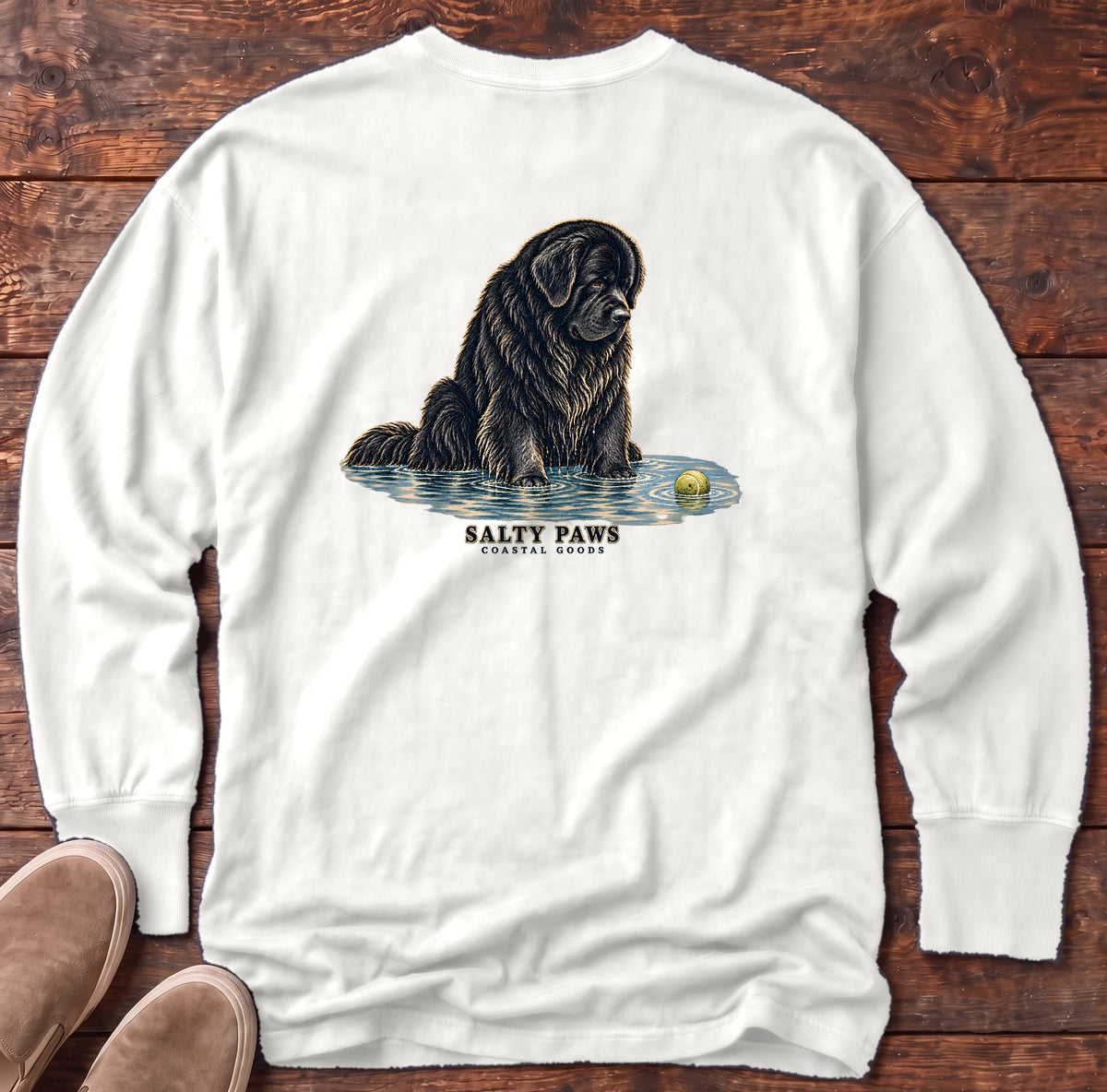 Newfoundland Ball Back Design Long Sleeve Tee in White, Salty Paws Comfort Colors Long Sleeve Tee, back design flat lay
