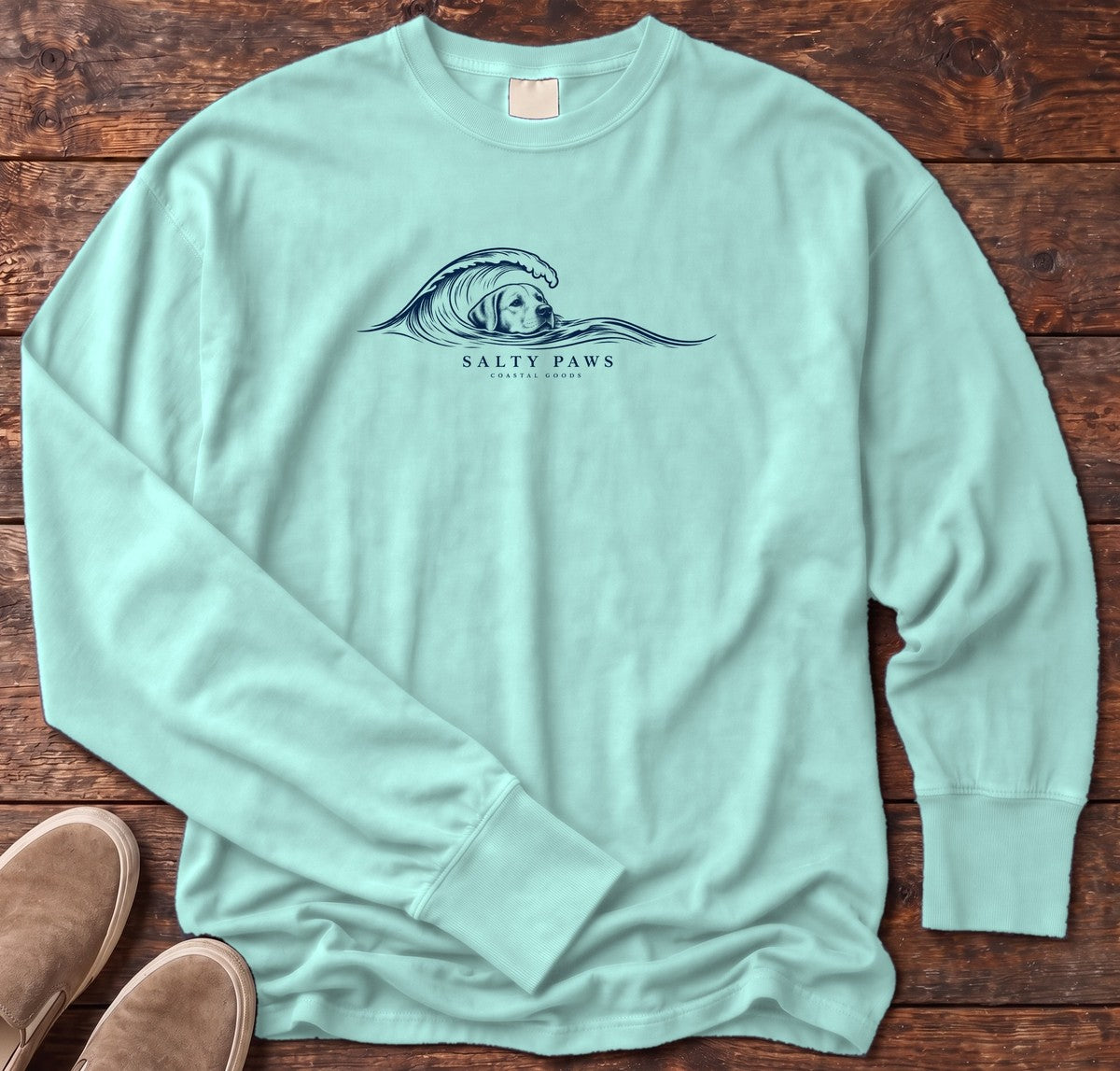 Labrador Wave Long Sleeve Tee in Chalky Mint, Salty Paws Comfort Colors long sleeve tee