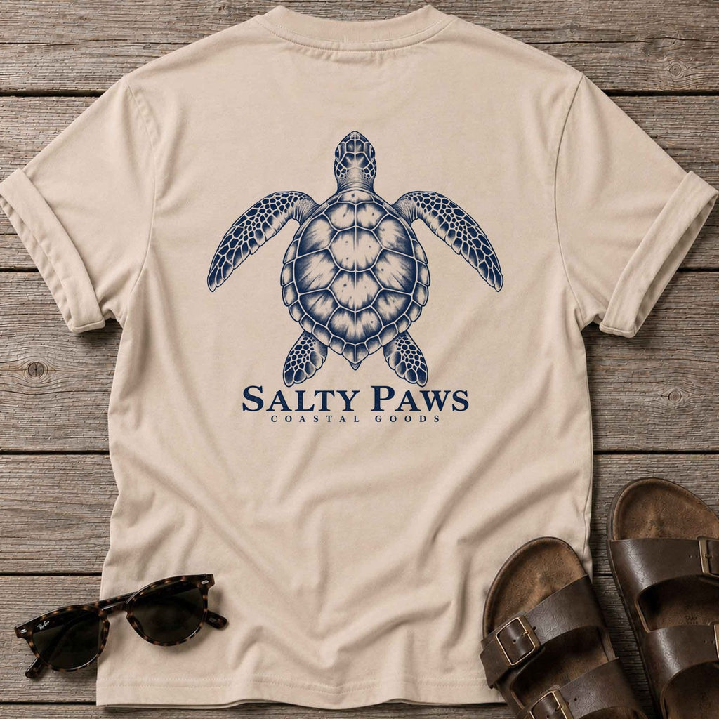 Sea Turtle Coastal Goods Back Design T-Shirt in Sand, Salty Paws T-Shirt, back design flat lay