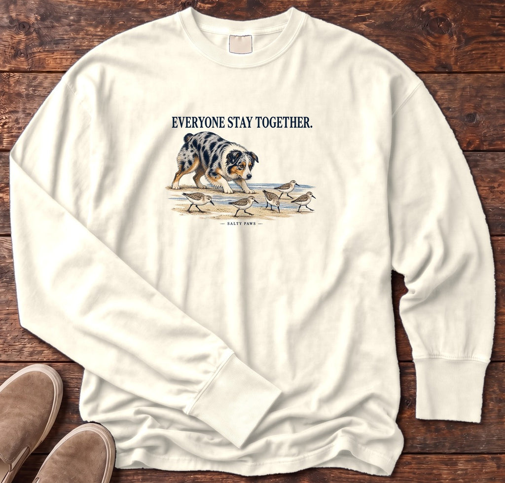 Everyone Stay Together Australian Shepherd Long Sleeve Tee in Ivory, Salty Paws Comfort Colors Long Sleeve Tee, front design flat lay