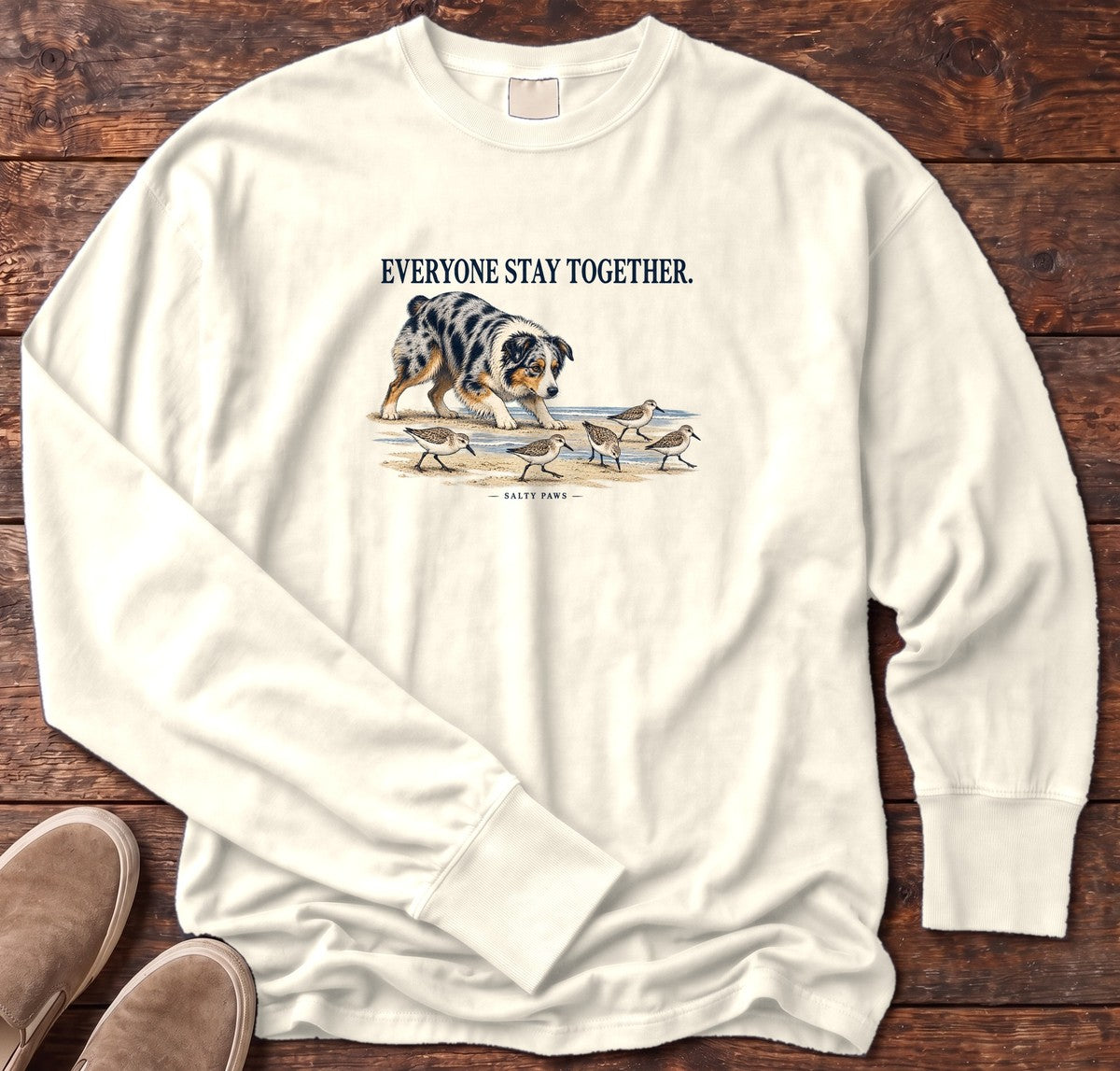 Everyone Stay Together Australian Shepherd Long Sleeve Tee in Ivory, Salty Paws Comfort Colors Long Sleeve Tee, front design flat lay
