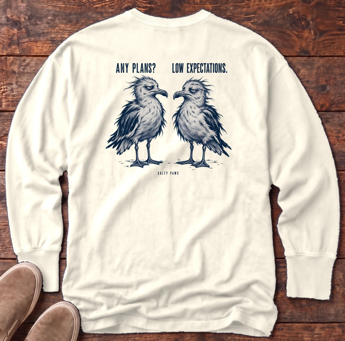 Any Plans Low Expectations Seagulls Back Design Long Sleeve Tee in Ivory, Salty Paws Comfort Colors Long Sleeve Tee, back design flat lay