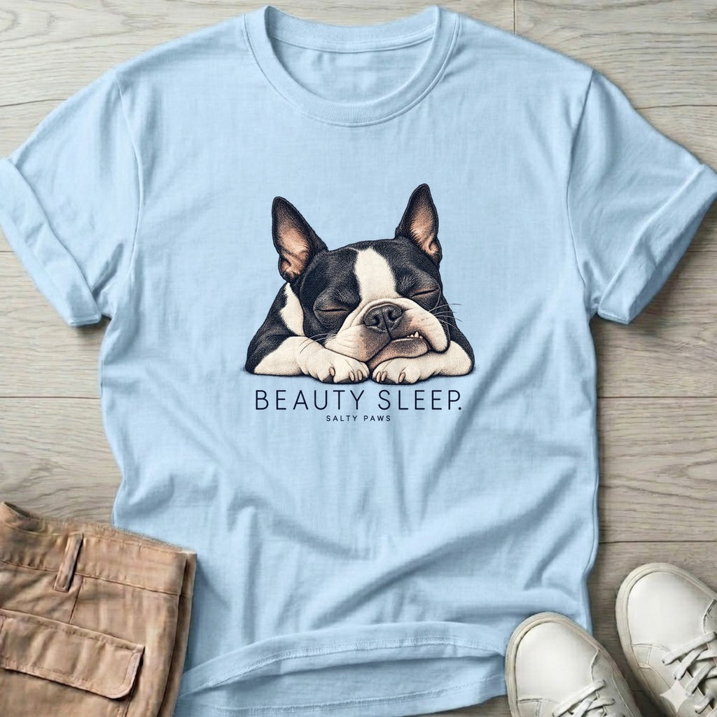 Beauty Sleep Boston Terrier T-Shirt in Light Blue, Salty Paws T-Shirt, front design flat lay