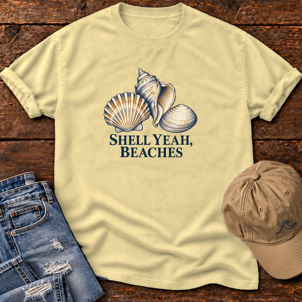 Shell Yeah Beaches T-Shirt in Butter, Salty Paws Comfort Colors T-Shirt, front design flat lay