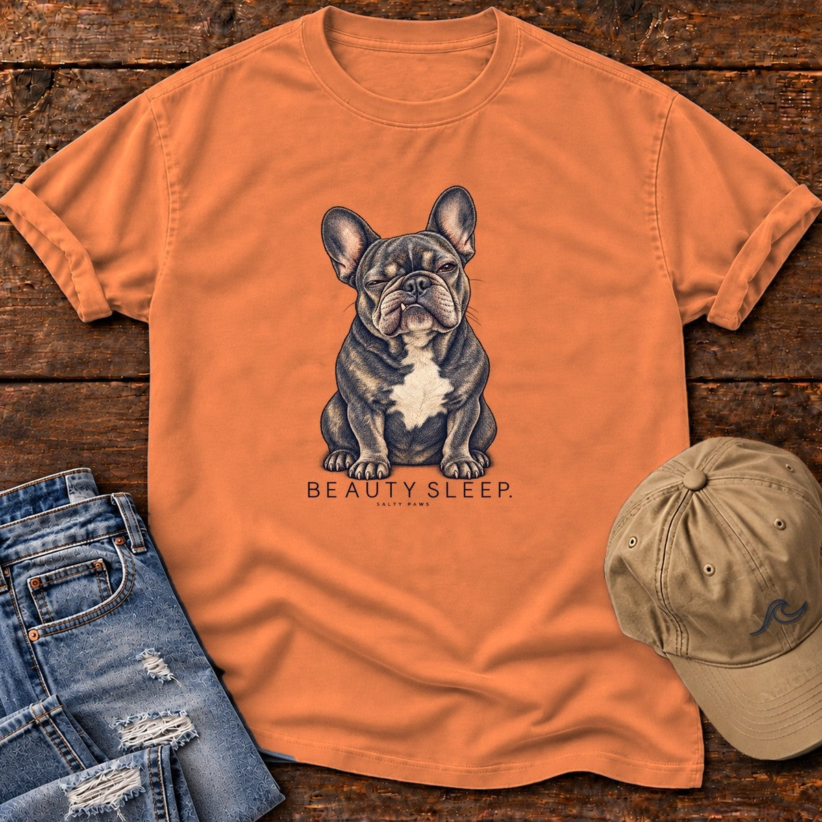Beauty Sleep French Bulldog T-Shirt in Burnt Orange, Salty Paws Comfort Colors T-Shirt, front design flat lay