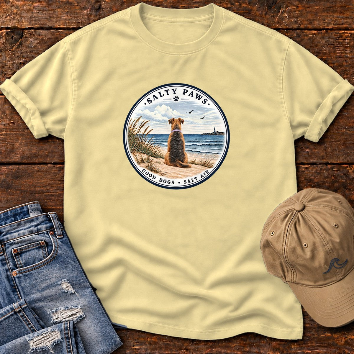 Good Dogs Salt Air Airedale T-Shirt in Butter, Salty Paws Comfort Colors T-Shirt, front design flat lay