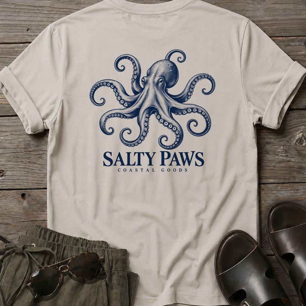 Octopus Coastal Goods Back Design T-Shirt in Ice Grey, Salty Paws T-Shirt, back design flat lay