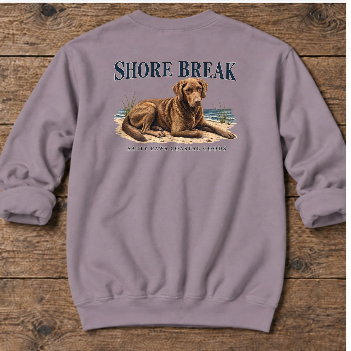 Shore Break Chesapeake Bay Retriever Back Design Midweight Sweatshirt in Paragon, Salty Paws coastal sweatshirt