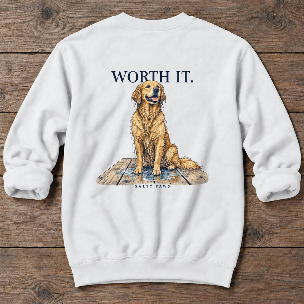 Worth It Wet Golden Retriever Back Design Midweight Sweatshirt in White, Salty Paws Midweight Sweatshirt, back design flat lay
