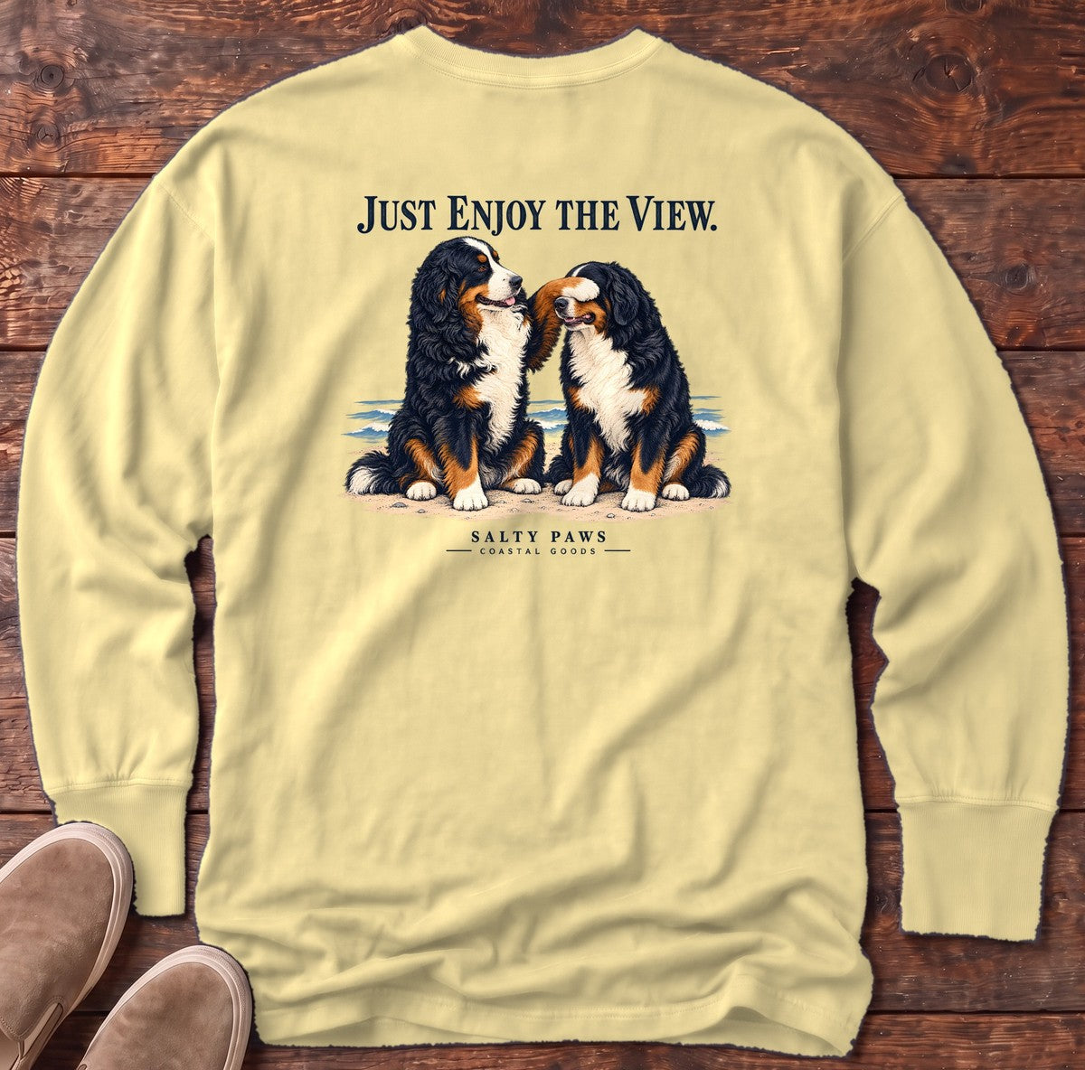 Just Enjoy the View Bernese Back Design Long Sleeve Tee in Butter, Salty Paws Comfort Colors long sleeve tee