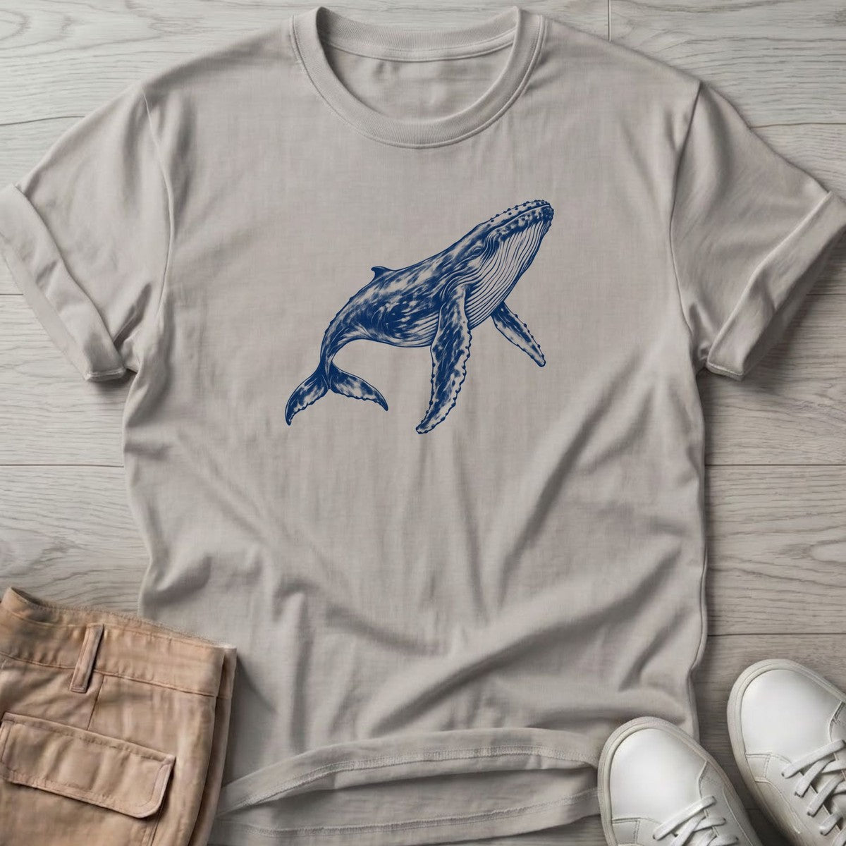 Humpback Whale T-Shirt in Ice Grey, Salty Paws T-Shirt, front design flat lay