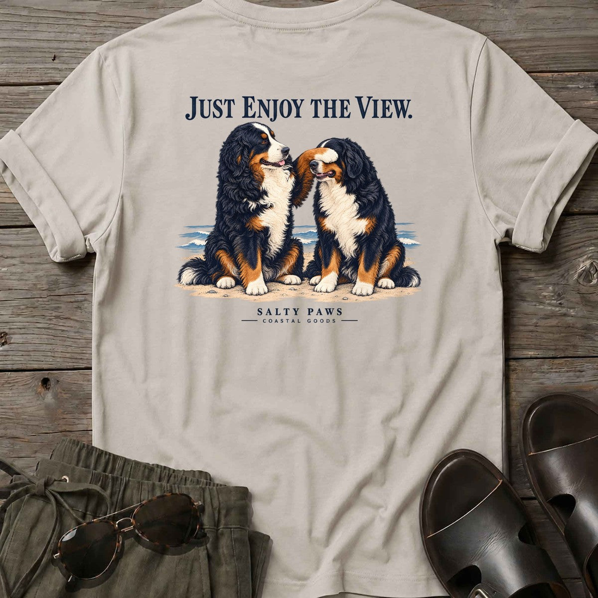 Just Enjoy the View Bernese Back Design T-Shirt in Ice Grey, Salty Paws T-Shirt, back design flat lay