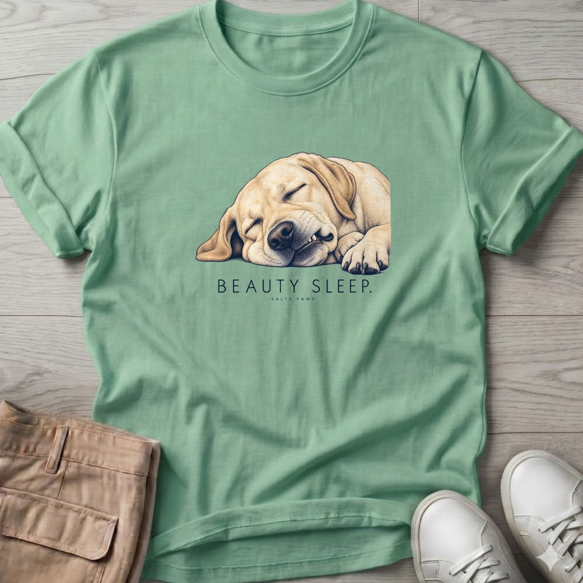 Beauty Sleep Labrador T-Shirt in Mint Green, Salty Paws T-Shirt, front design flat lay