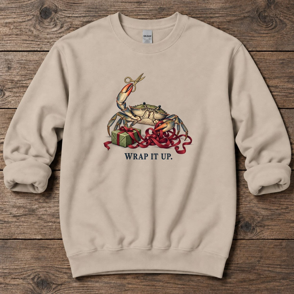 Wrap It Up Crab Midweight Sweatshirt in Sand, Salty Paws Midweight Sweatshirt, front design flat lay