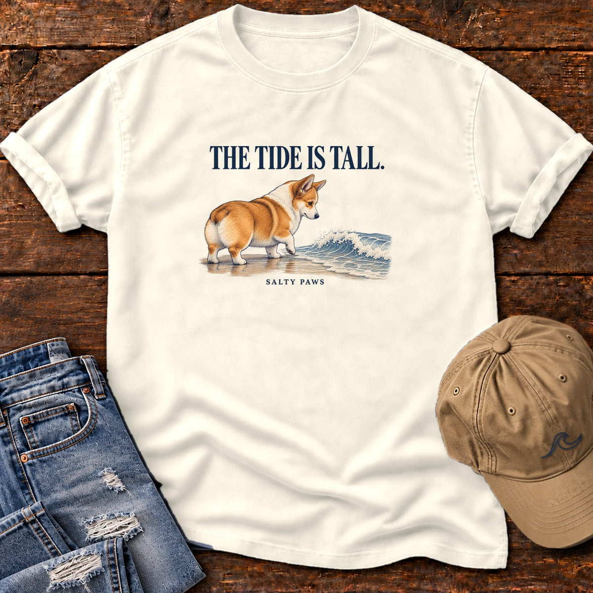 The Tide Is Tall Corgi T-Shirt in Ivory, Salty Paws Comfort Colors T-Shirt, front design flat lay