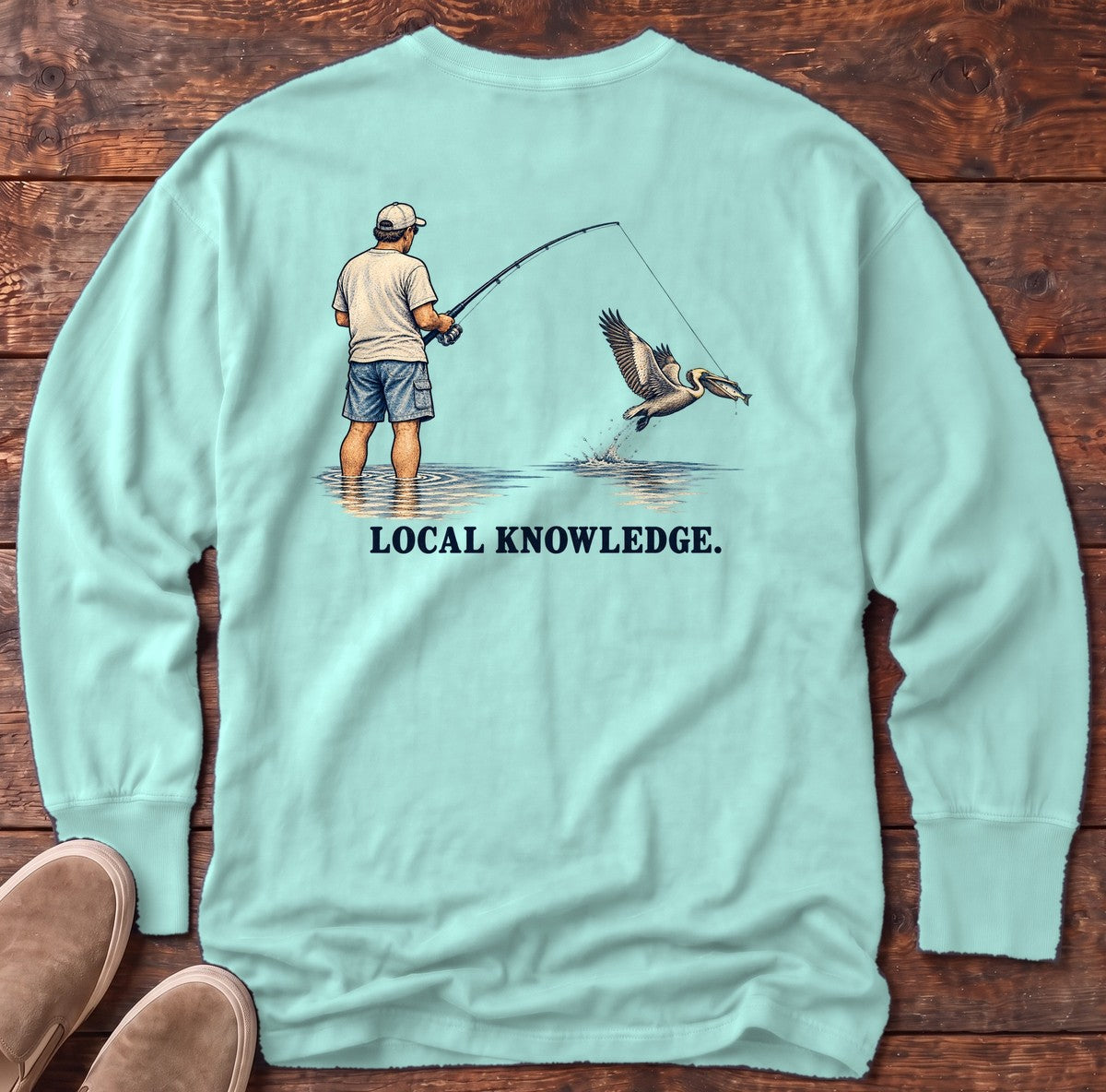 Local Knowledge Pelican Back Design Long Sleeve Tee in Chalky Mint, Salty Paws Comfort Colors Long Sleeve Tee, back design flat lay