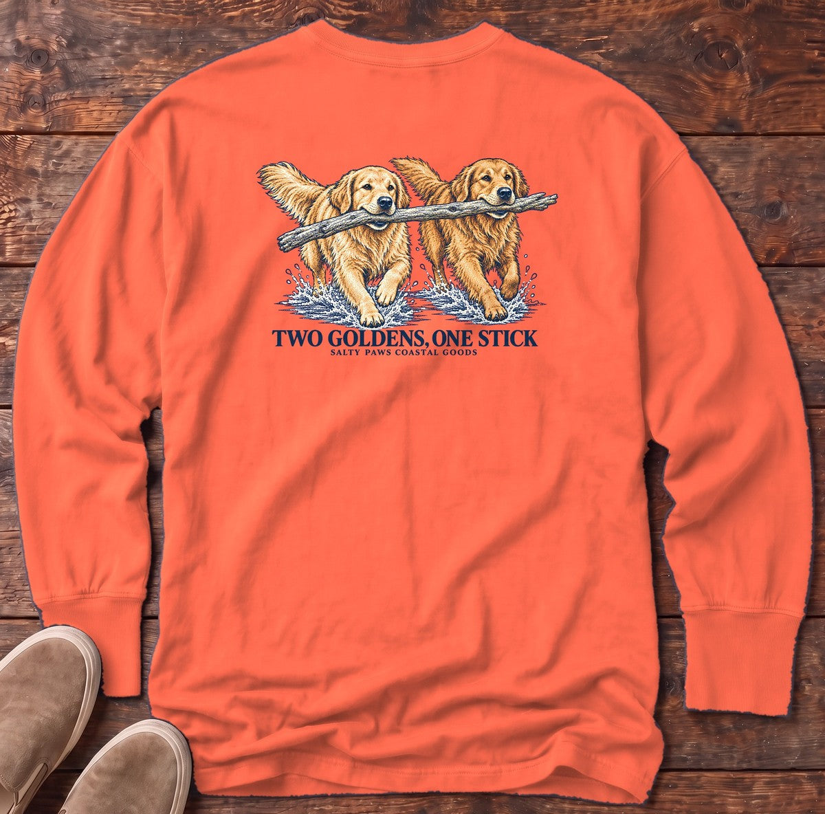 Two Goldens One Stick Back Design Long Sleeve Tee in Bright Salmon, Salty Paws Comfort Colors long sleeve tee