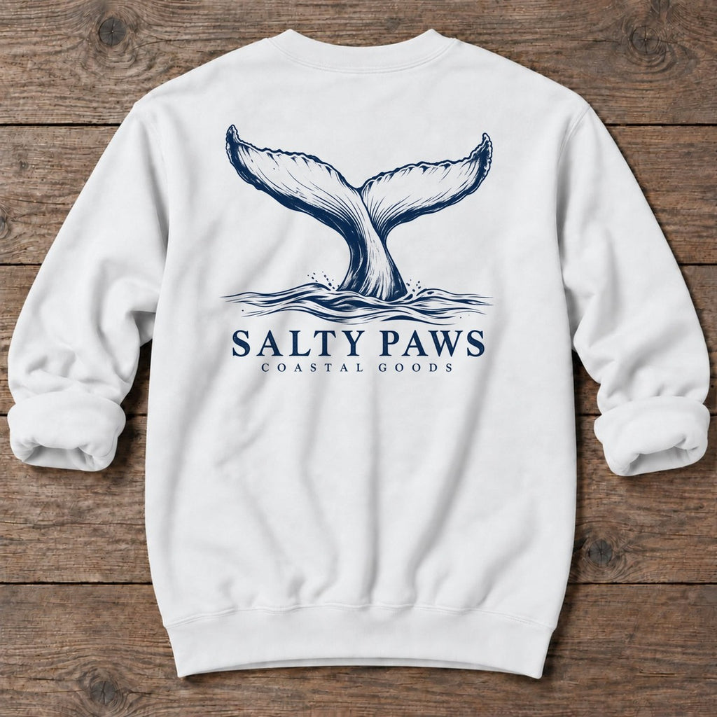 Humpback Tail Coastal Goods Back Design Midweight Sweatshirt in White, Salty Paws Midweight Sweatshirt, back design flat lay