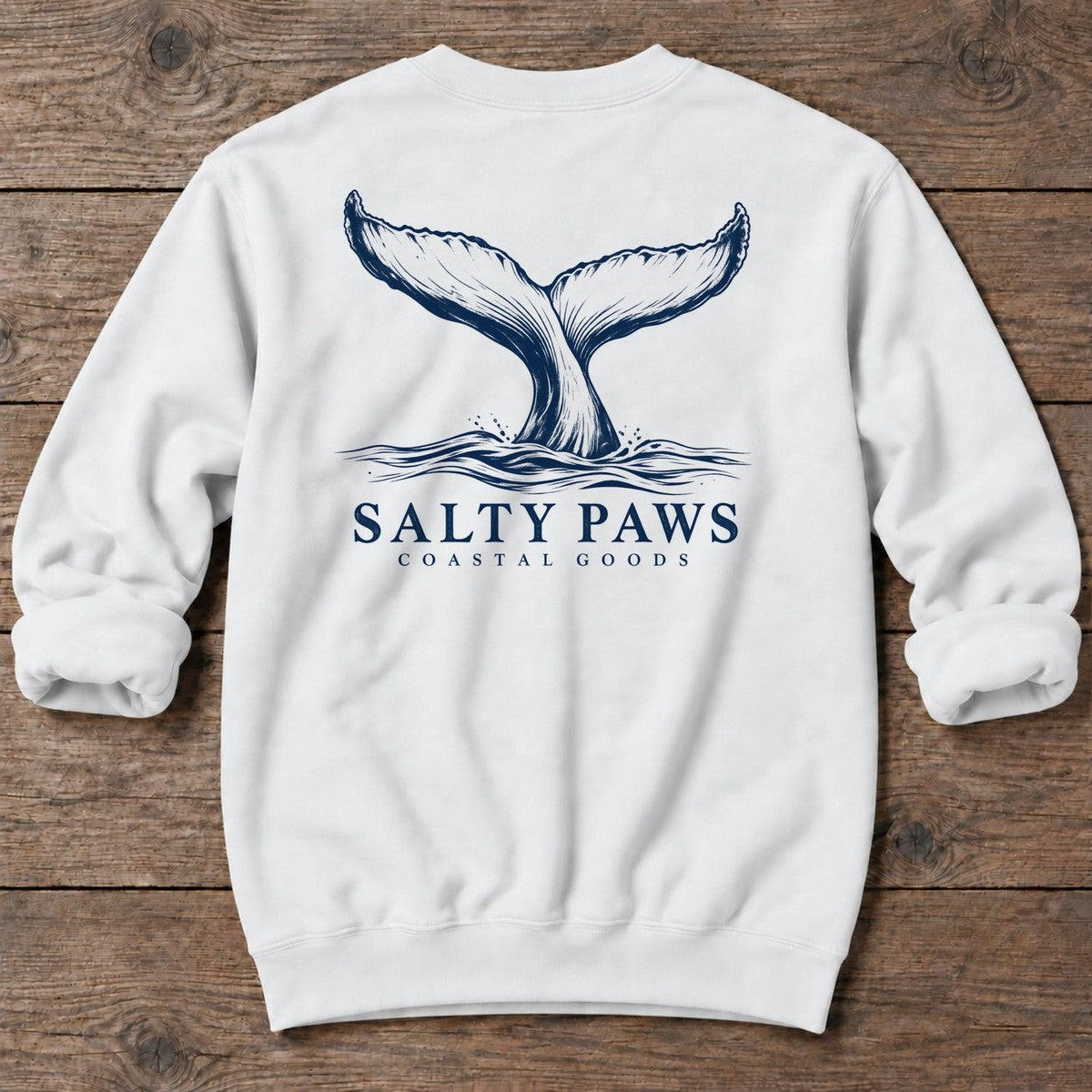 Humpback Tail Coastal Goods Back Design Midweight Sweatshirt in White, Salty Paws Midweight Sweatshirt, back design flat lay
