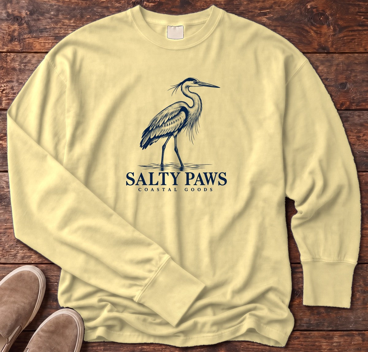 Great Blue Heron Coastal Goods Long Sleeve Tee in Butter, Salty Paws Comfort Colors Long Sleeve Tee, front design flat lay